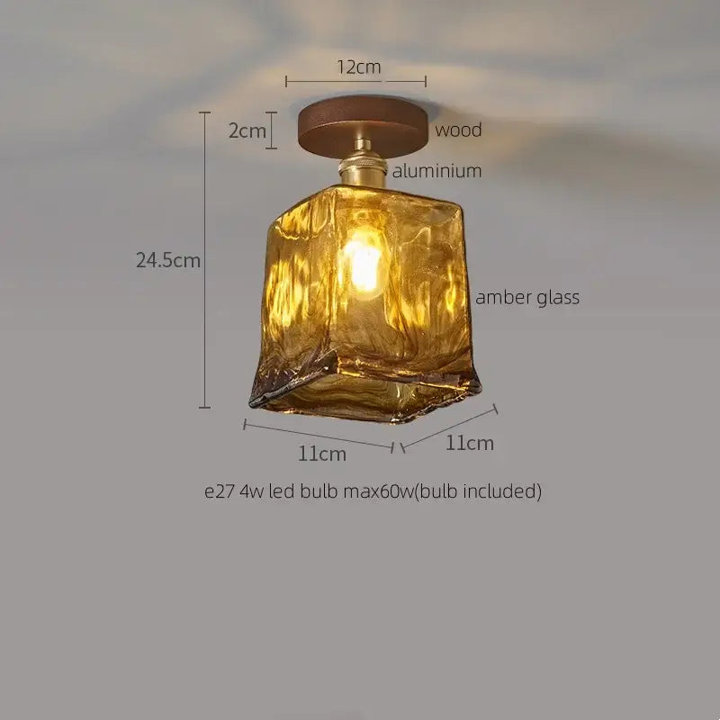 DecorBites™ Amber Glass LED Ceiling Light: Modern Aluminum Wood Kitchen Balcony Room Lamp