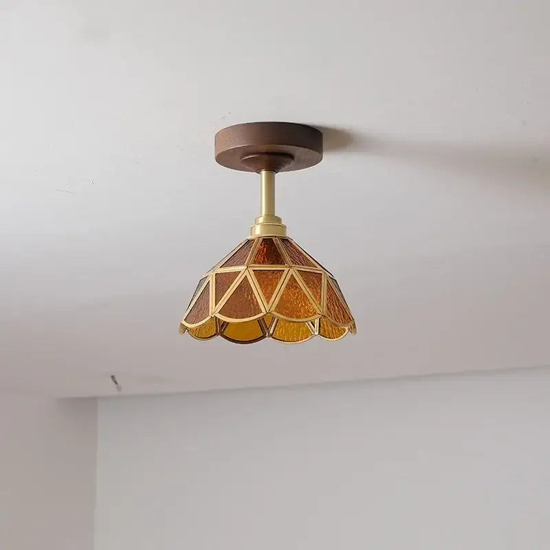 DecorBites™ Amber Glass LED Ceiling Light Modern Wood Canopy Kids Room Fixture