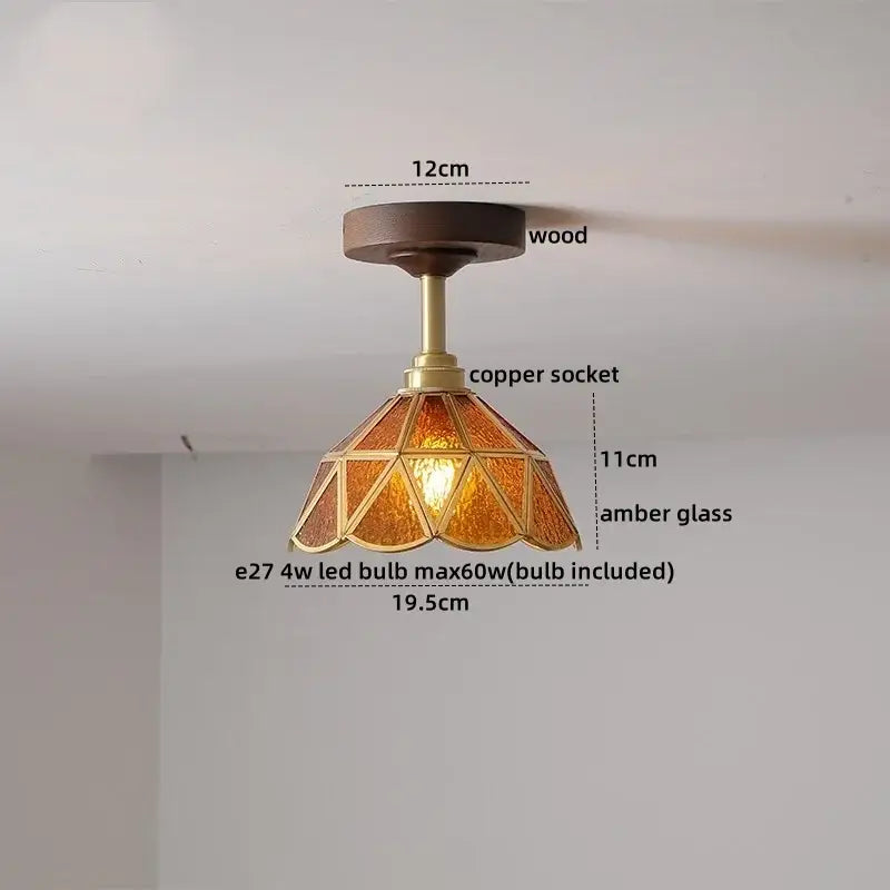 DecorBites™ Amber Glass LED Ceiling Light Modern Wood Canopy Kids Room Fixture