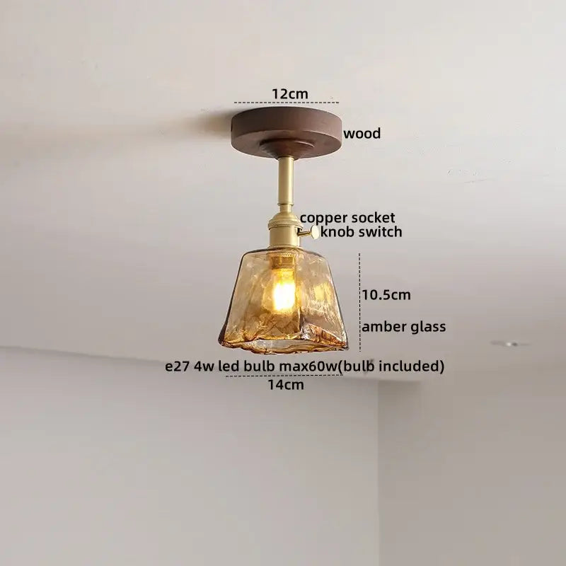 DecorBites™ Amber Glass LED Ceiling Light Modern Wood Canopy Kids Room Fixture