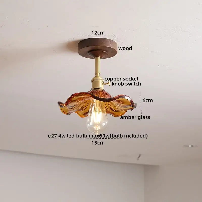 DecorBites™ Amber Glass LED Ceiling Light Modern Wood Canopy Kids Room Fixture