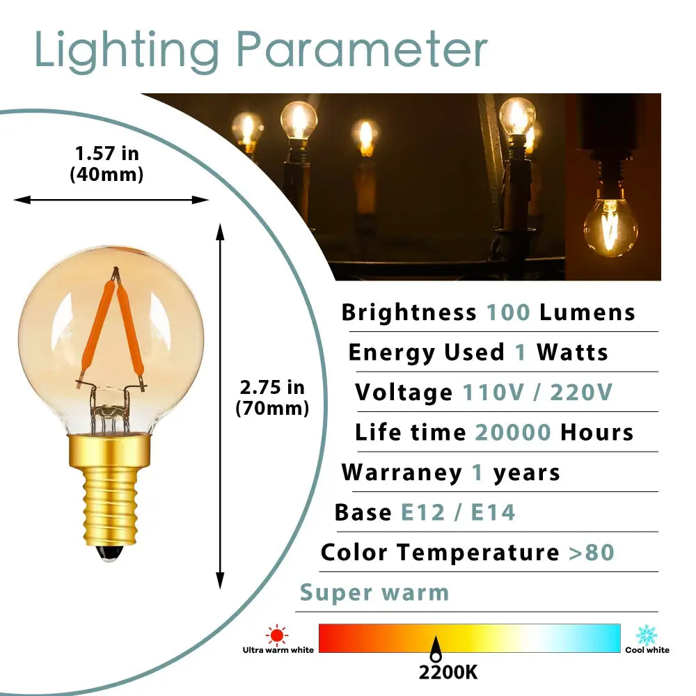 DecorBites™ Amber Glass LED Filament Globe Bulb, 2200K Dimmable E12 E14 Outdoor Fairy Light