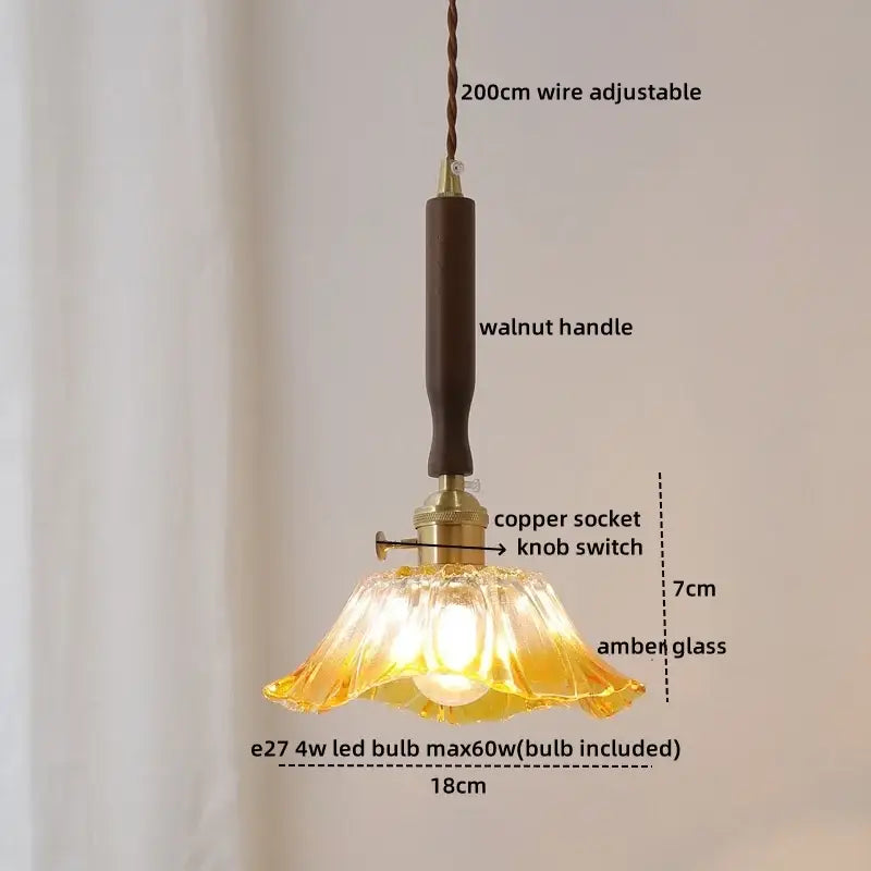 DecorBites™ Amber Glass LED Pendant Lamp, Copper Walnut Hanging Light Fixture for Home Decor