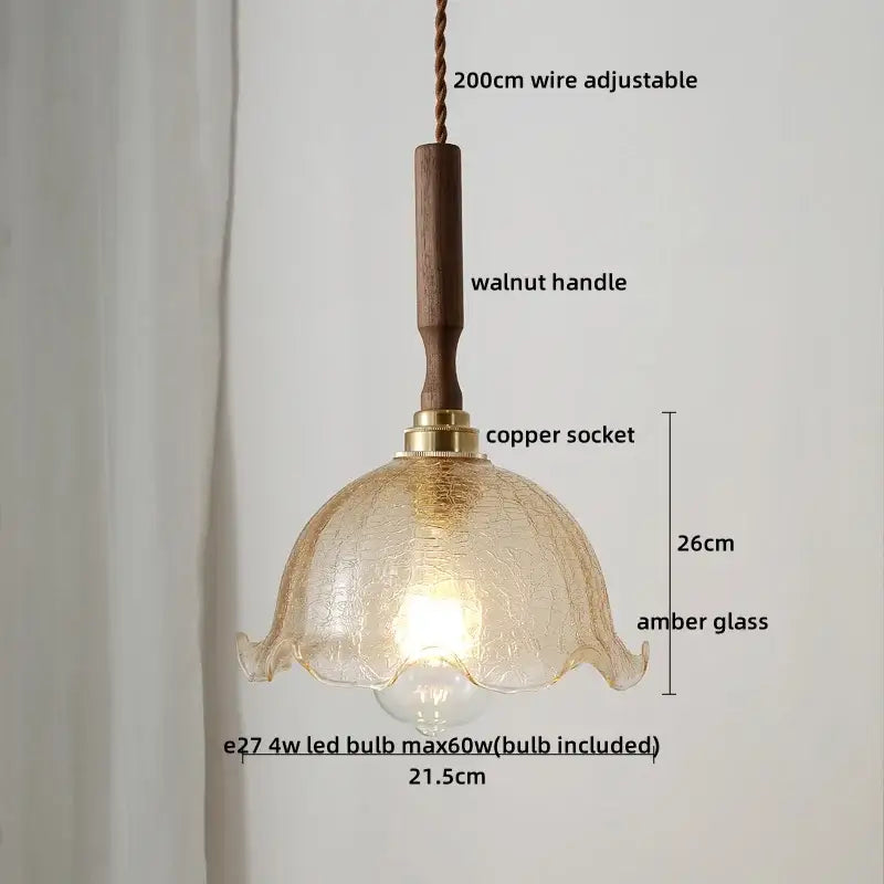 DecorBites™ Amber Glass LED Pendant Lamp, Copper Walnut Hanging Light Fixture for Home Decor