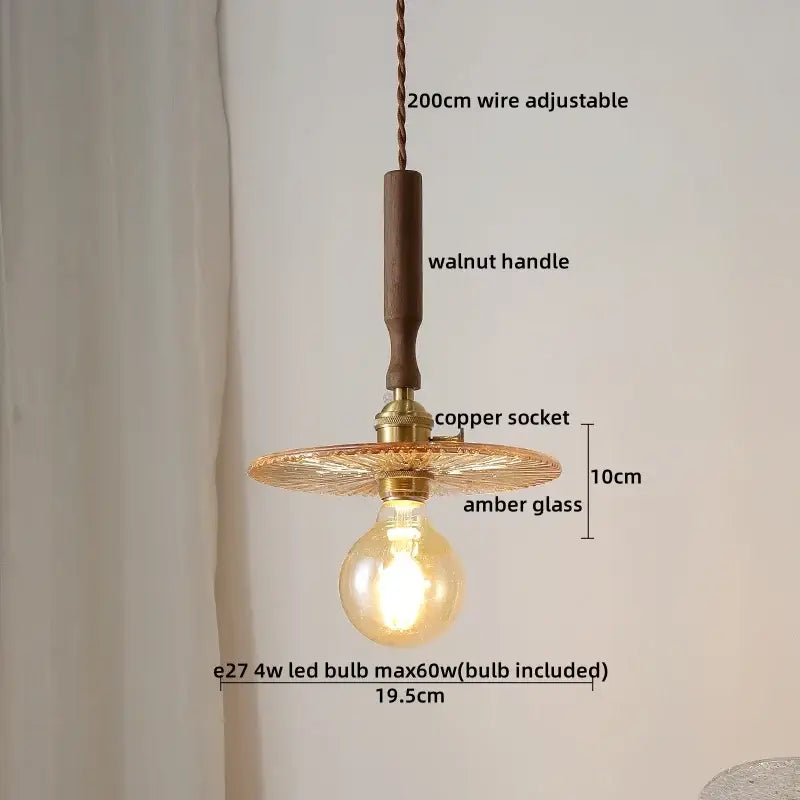 DecorBites™ Amber Glass LED Pendant Lamp, Copper Walnut Hanging Light Fixture for Home Decor