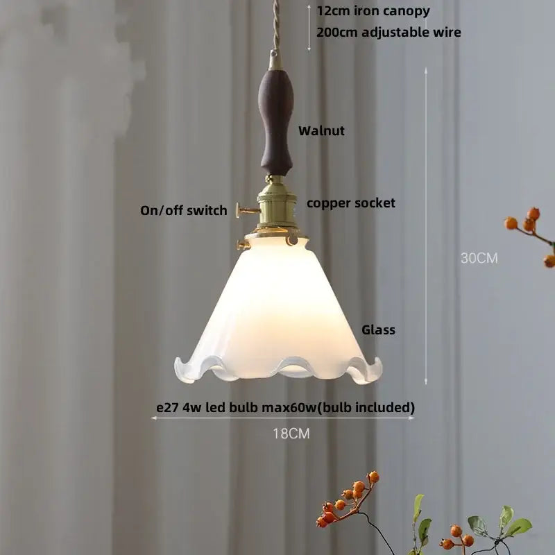 DecorBites™ Amber Glass LED Pendant Lamp Walnut Wood Copper Hanging Light