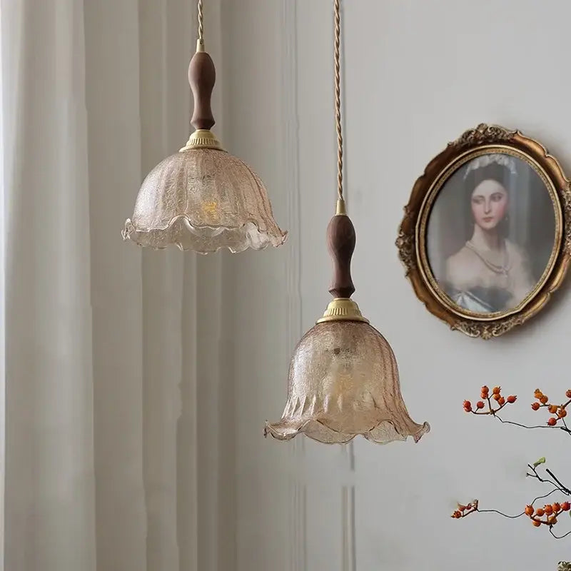 DecorBites™ Amber Glass LED Pendant Lamp Walnut Wood Copper Hanging Light