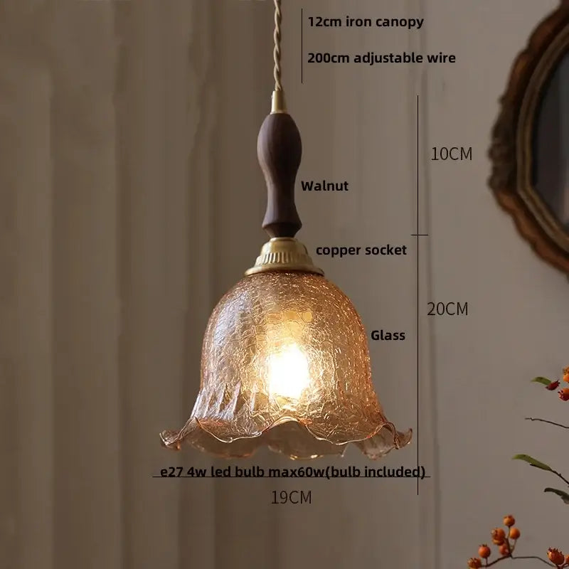 DecorBites™ Amber Glass LED Pendant Lamp Walnut Wood Copper Hanging Light