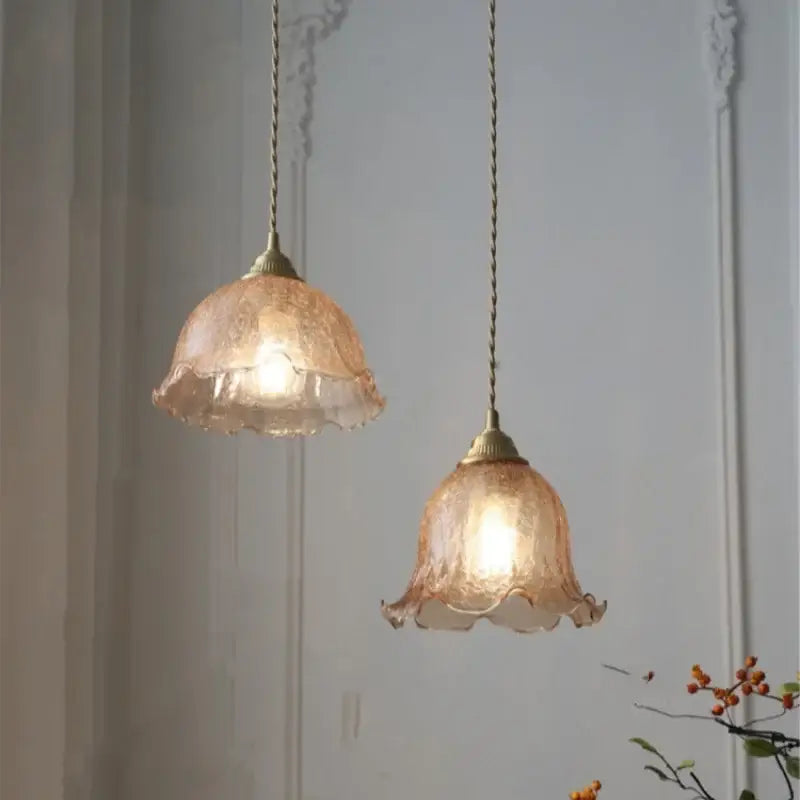 DecorBites™ Amber Glass LED Pendant Lamp Walnut Wood Copper Hanging Light