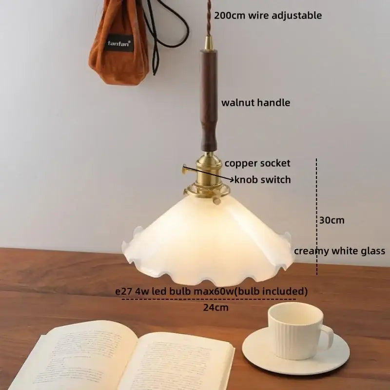 DecorBites™ Amber Glass LED Pendant Light with Walnut Handle for Dining Living Room