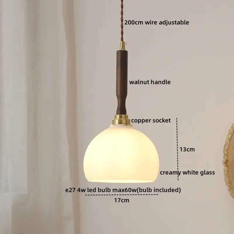 DecorBites™ Amber Glass LED Pendant Light with Walnut Handle for Dining Living Room