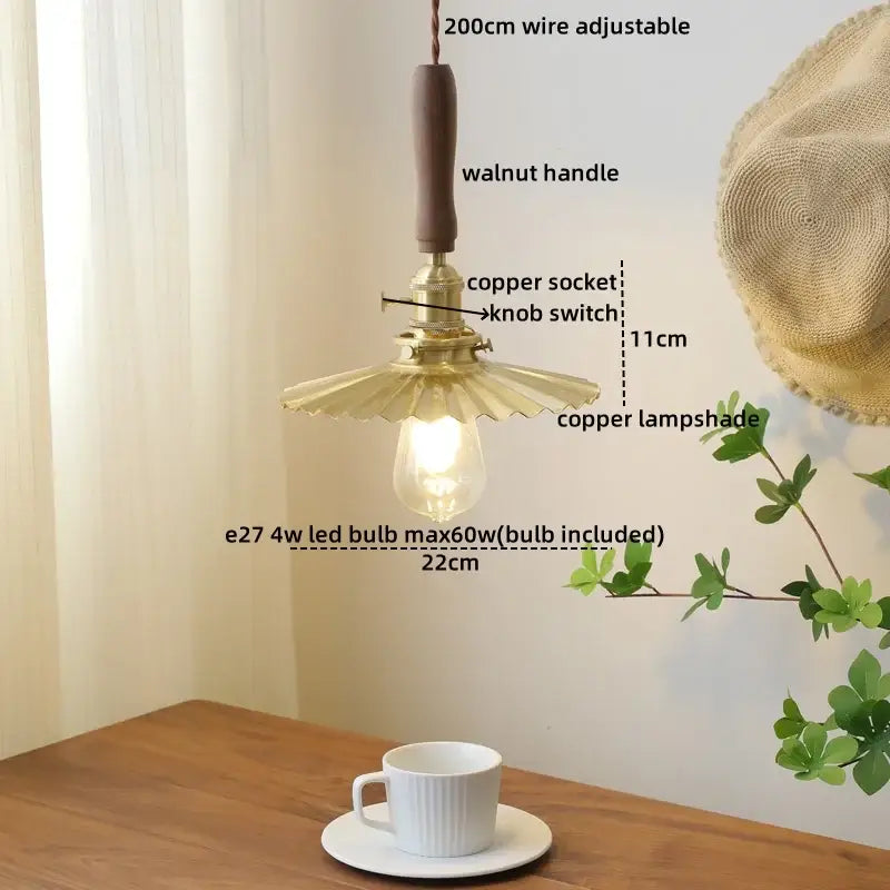 DecorBites™ Amber Glass LED Pendant Light with Walnut Handle for Dining Living Room