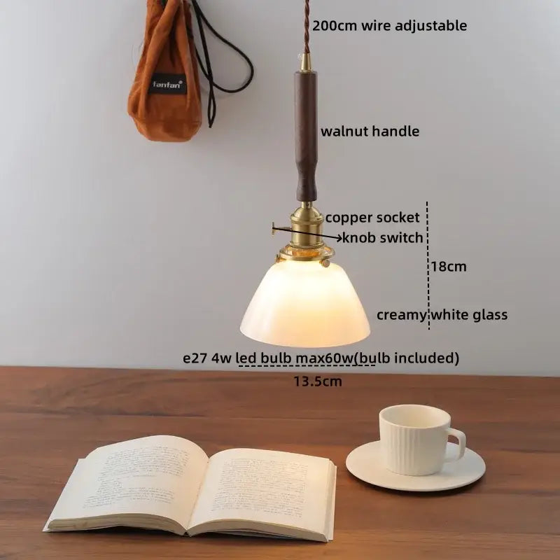 DecorBites™ Amber Glass LED Pendant Light with Walnut Handle for Dining Living Room