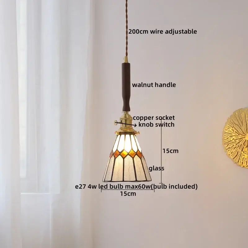 DecorBites™ Amber Glass LED Pendant Light with Walnut Handle for Dining Living Room