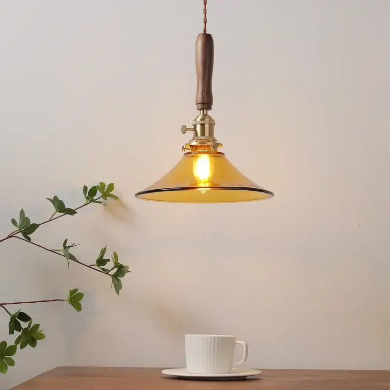 DecorBites™ Amber Glass LED Pendant Light with Walnut Handle for Dining Living Room