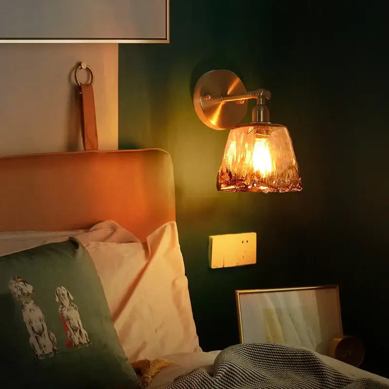 DecorBites™ Amber Glass LED Wall Lamp for Bedroom Minimalistic Copper Lighting