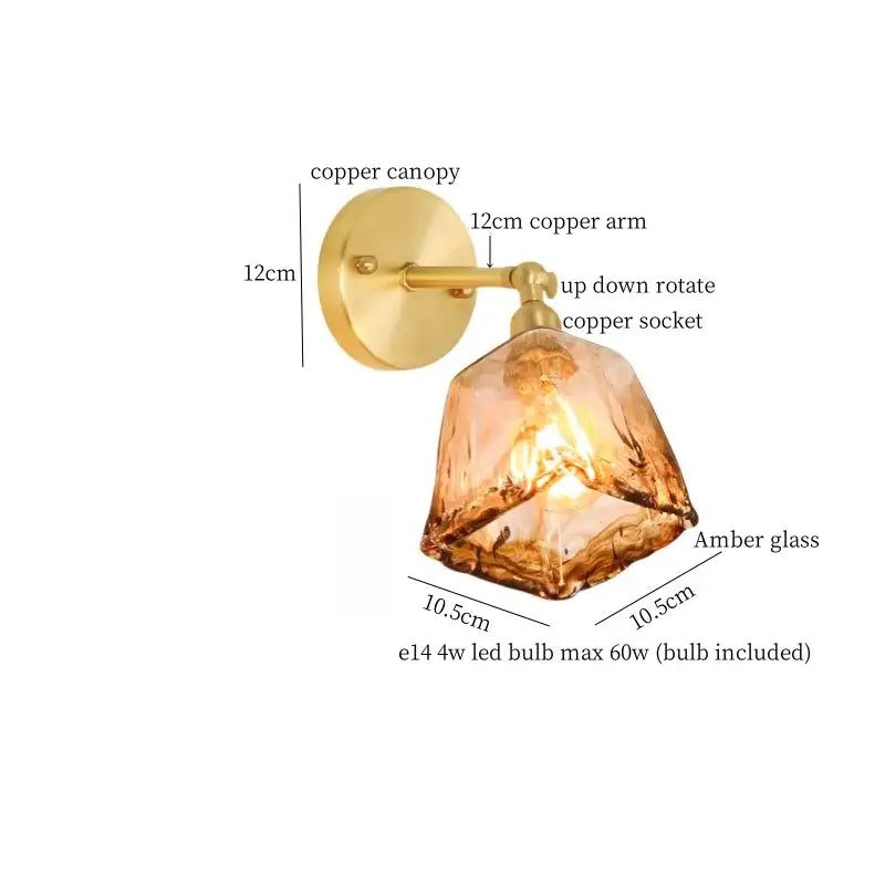 DecorBites™ Amber Glass LED Wall Lamp for Bedroom Minimalistic Copper Lighting