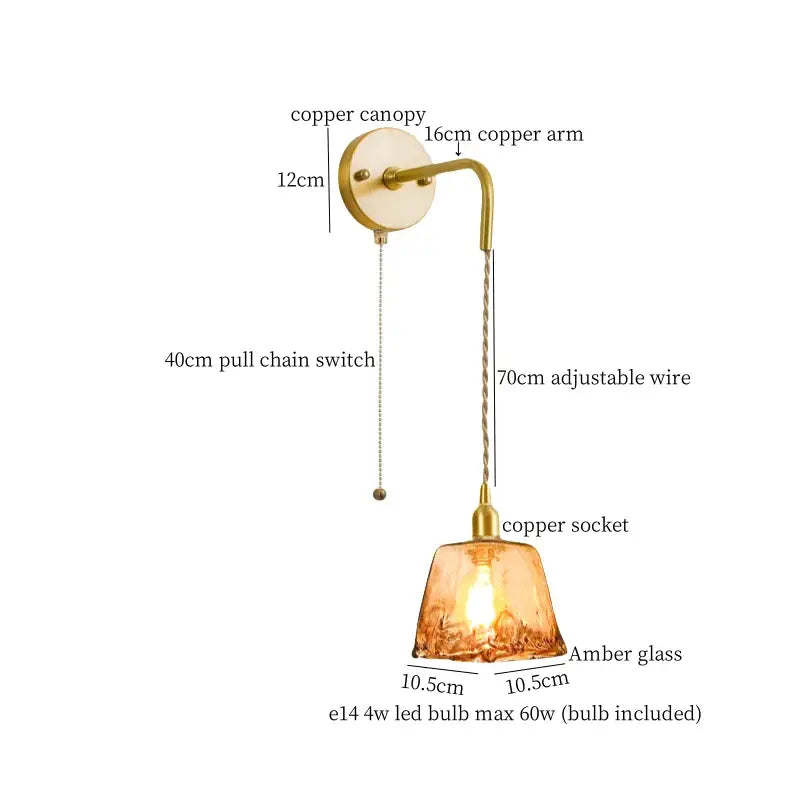 DecorBites™ Amber Glass LED Wall Lamp for Bedroom Minimalistic Copper Lighting