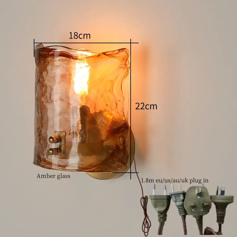 DecorBites™ Amber Glass LED Wall Lamp for Bedroom Minimalistic Copper Lighting