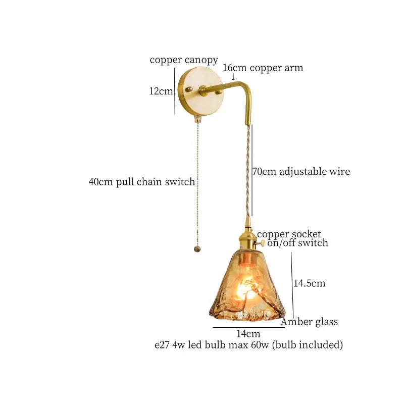 DecorBites™ Amber Glass LED Wall Lamp for Bedroom Minimalistic Copper Lighting