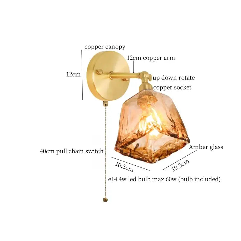 DecorBites™ Amber Glass LED Wall Lamp for Bedroom Minimalistic Copper Lighting