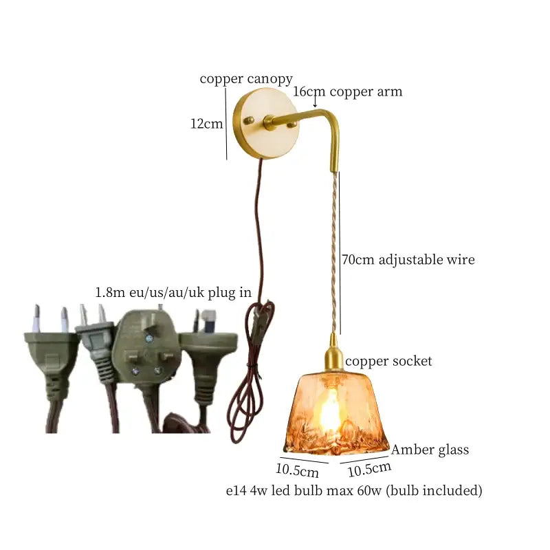 DecorBites™ Amber Glass LED Wall Lamp for Bedroom Minimalistic Copper Lighting