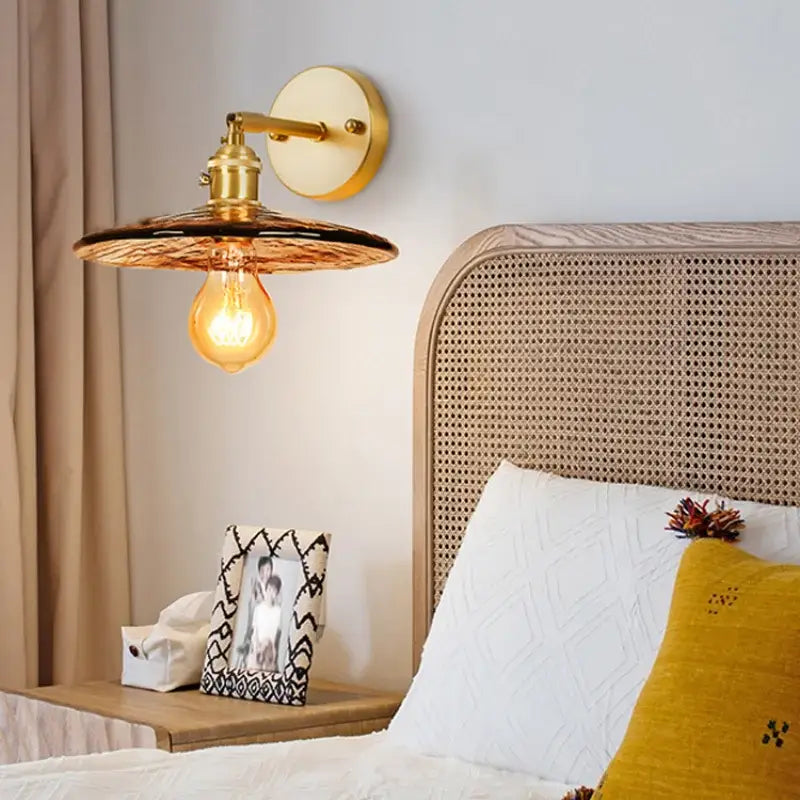 DecorBites™ Amber Glass LED Wall Lamp for Bedroom Minimalistic Copper Lighting