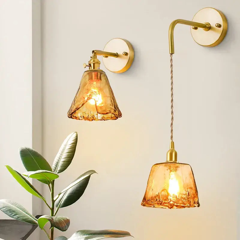 DecorBites™ Amber Glass LED Wall Lamp for Bedroom Minimalistic Copper Lighting