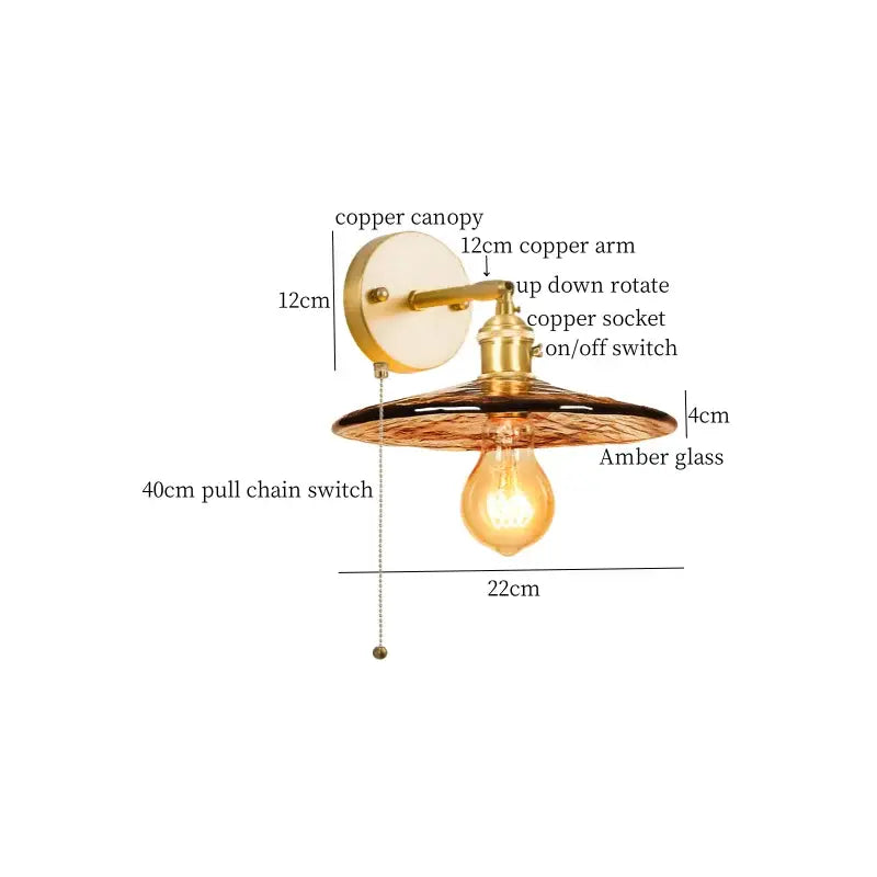 DecorBites™ Amber Glass LED Wall Lamp for Bedroom Minimalistic Copper Lighting