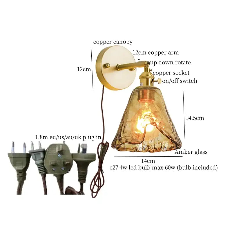 DecorBites™ Amber Glass LED Wall Lamp for Bedroom Minimalistic Copper Lighting