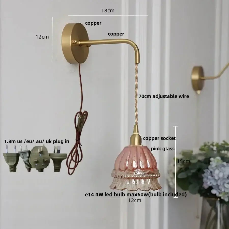 DecorBites™ Amber Glass LED Wall Light Pull Chain Switch Modern Flower Sconce