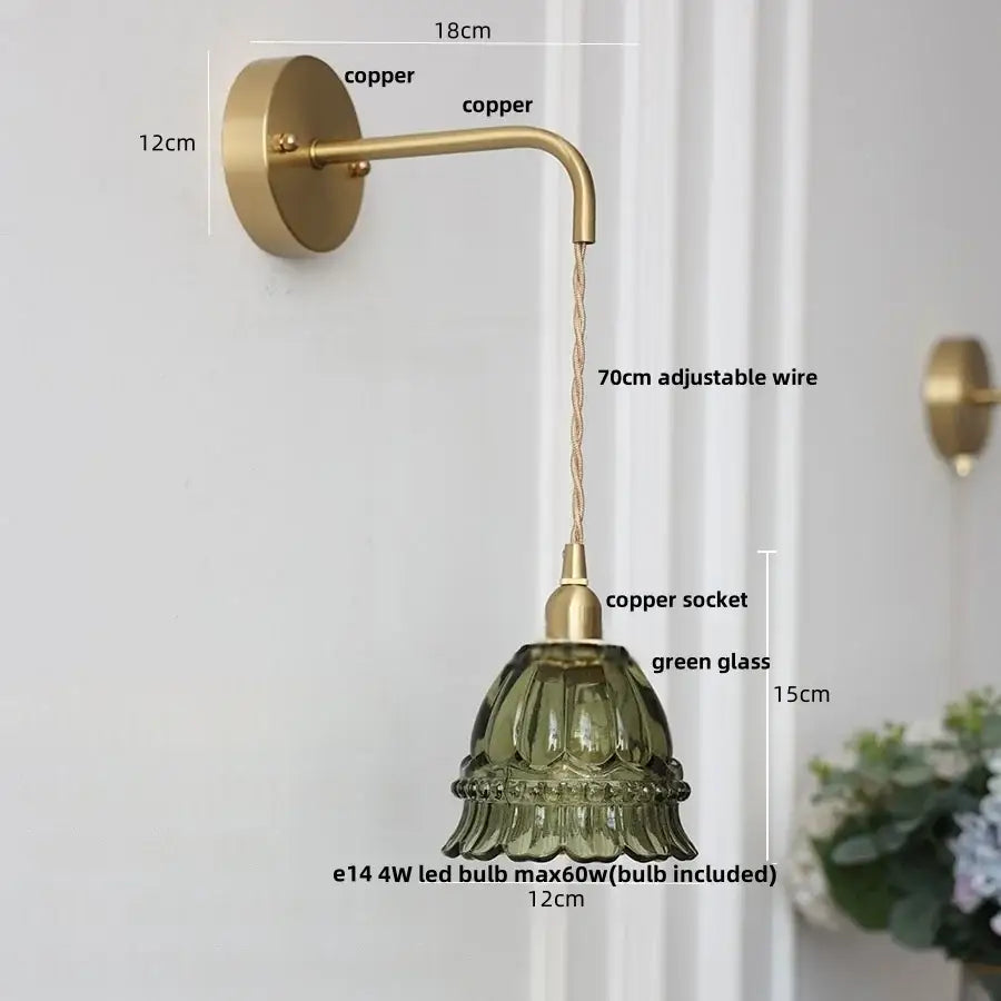 DecorBites™ Amber Glass LED Wall Light Pull Chain Switch Modern Flower Sconce