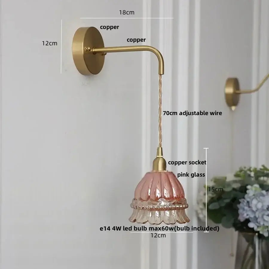 DecorBites™ Amber Glass LED Wall Light Pull Chain Switch Modern Flower Sconce