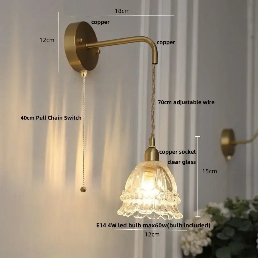 DecorBites™ Amber Glass LED Wall Light Pull Chain Switch Modern Flower Sconce