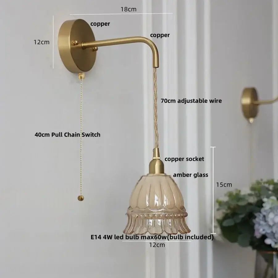 DecorBites™ Amber Glass LED Wall Light Pull Chain Switch Modern Flower Sconce