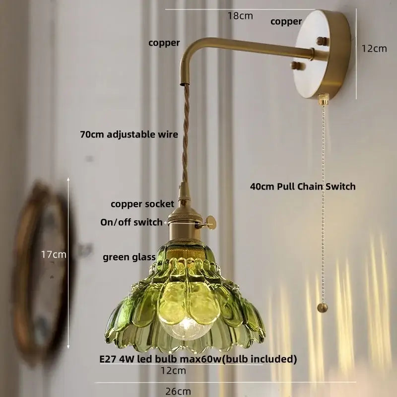 DecorBites™ Amber Glass LED Wall Sconce, Brass Finish, Adjustable Wire, Modern Nordic Style