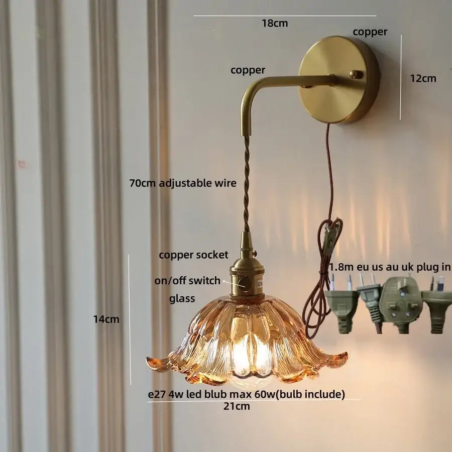 DecorBites™ Amber Glass LED Wall Sconce, Brass Finish, Adjustable Wire, Modern Nordic Style