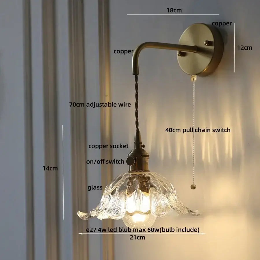 DecorBites™ Amber Glass LED Wall Sconce, Brass Finish, Adjustable Wire, Modern Nordic Style