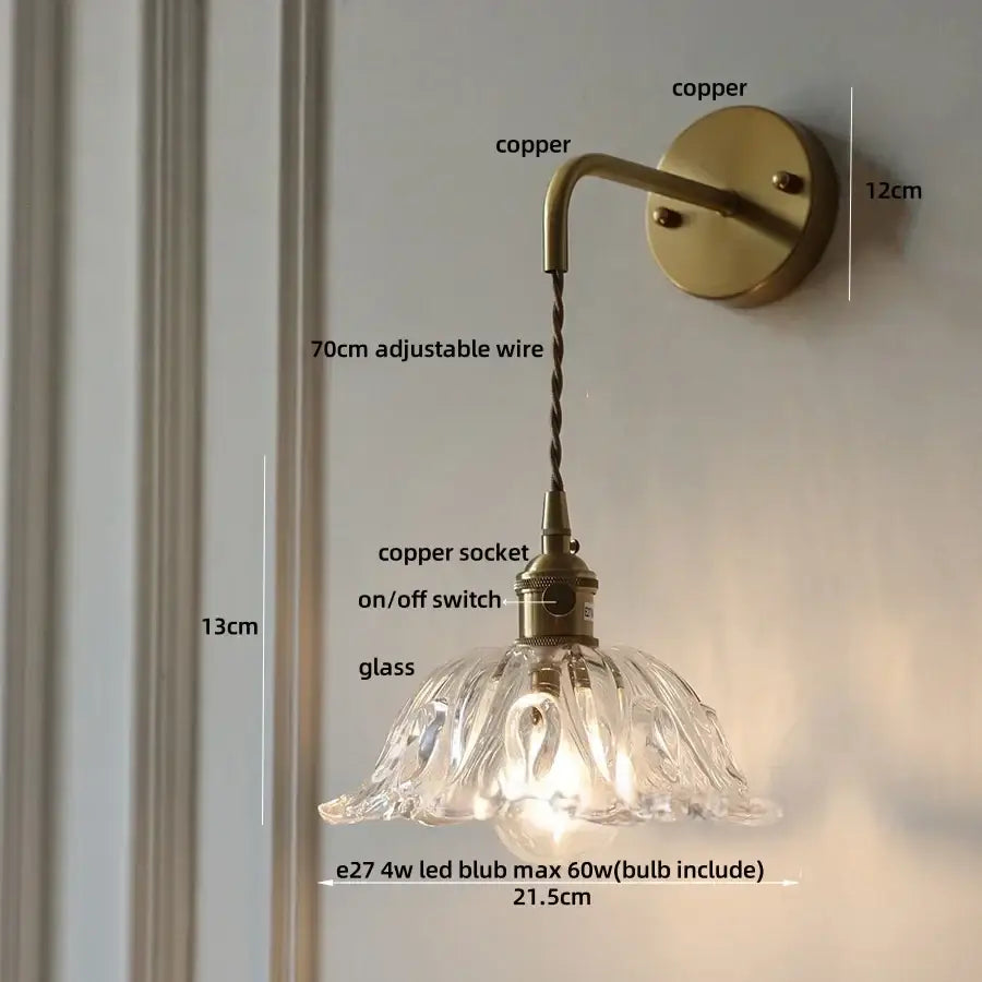 DecorBites™ Amber Glass LED Wall Sconce, Brass Finish, Adjustable Wire, Modern Nordic Style
