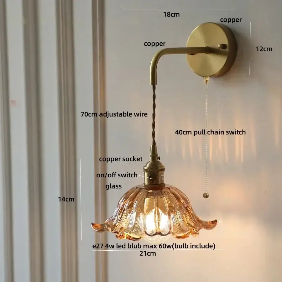 DecorBites™ Amber Glass LED Wall Sconce, Brass Finish, Adjustable Wire, Modern Nordic Style