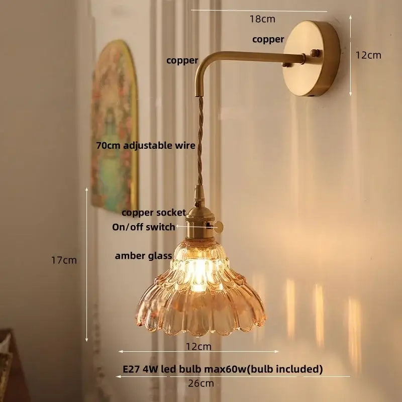 DecorBites™ Amber Glass LED Wall Sconce, Brass Finish, Adjustable Wire, Modern Nordic Style