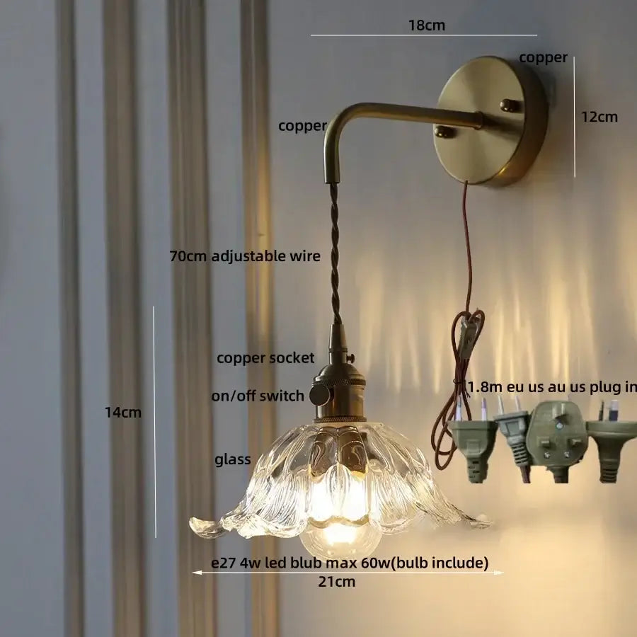 DecorBites™ Amber Glass LED Wall Sconce, Brass Finish, Adjustable Wire, Modern Nordic Style
