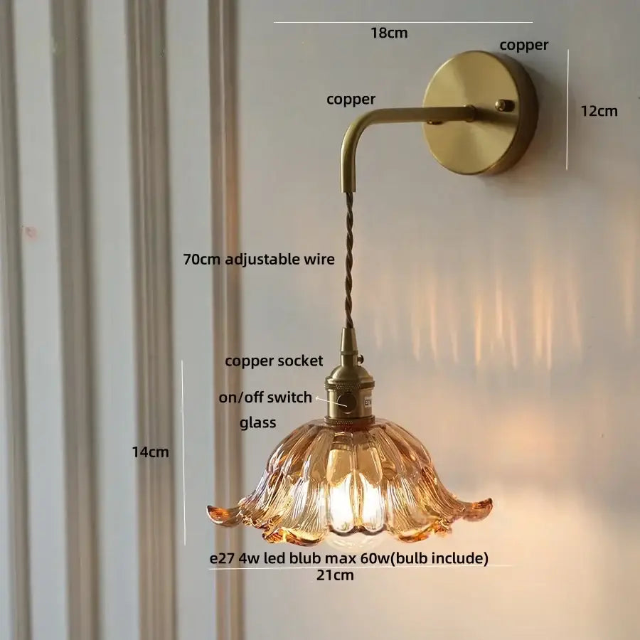 DecorBites™ Amber Glass LED Wall Sconce, Brass Finish, Adjustable Wire, Modern Nordic Style
