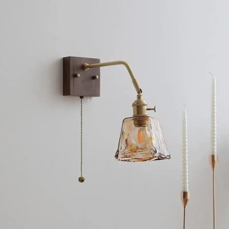 DecorBites™ Amber Glass LED Wall Sconce Pull Chain Switch.