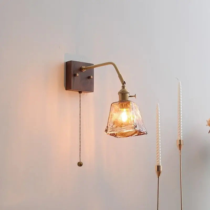 DecorBites™ Amber Glass LED Wall Sconce Pull Chain Switch.