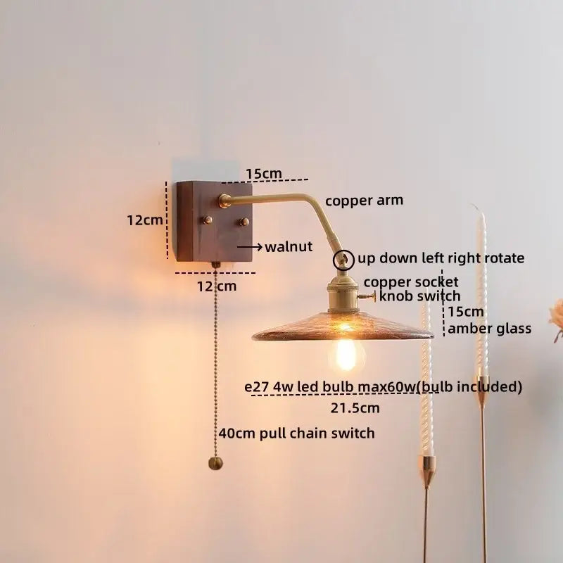 DecorBites™ Amber Glass LED Wall Sconce Pull Chain Switch.