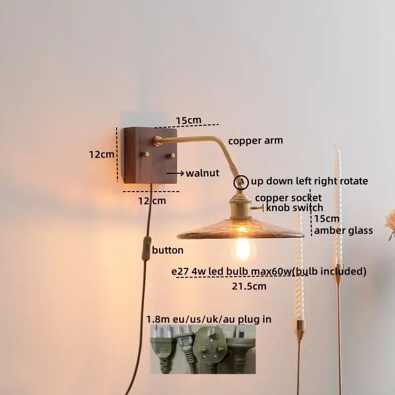 DecorBites™ Amber Glass LED Wall Sconce Pull Chain Switch.
