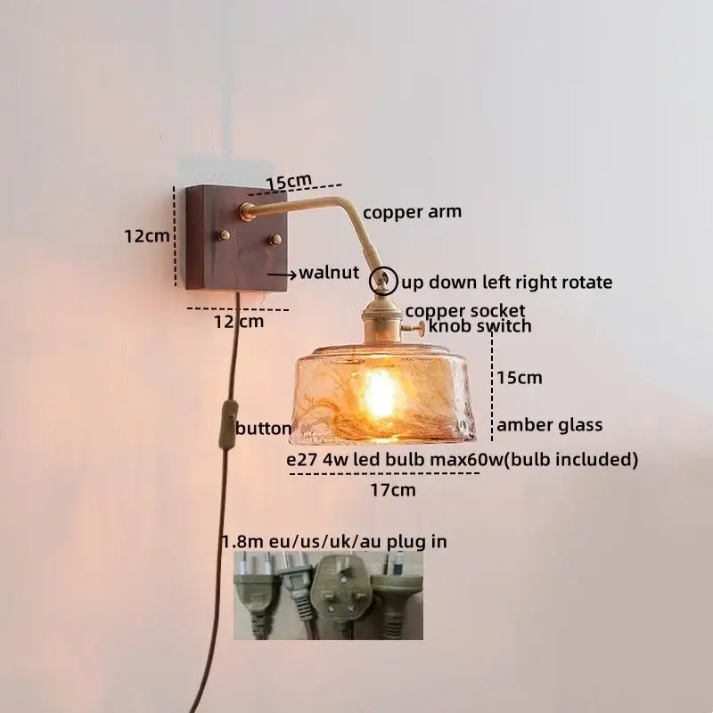 DecorBites™ Amber Glass LED Wall Sconce Pull Chain Switch.