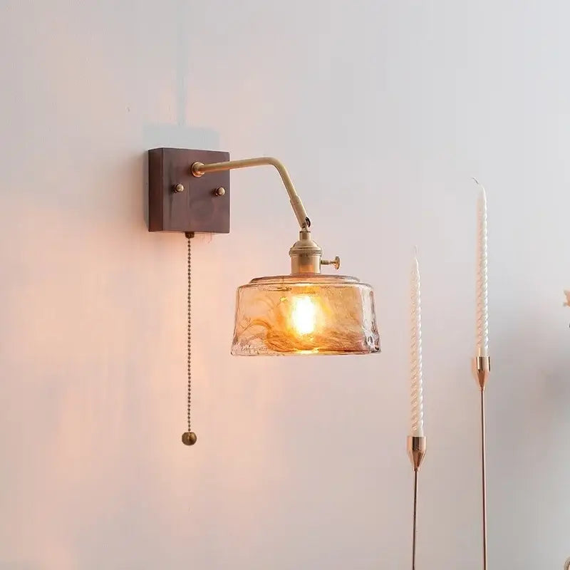 DecorBites™ Amber Glass LED Wall Sconce Pull Chain Switch.