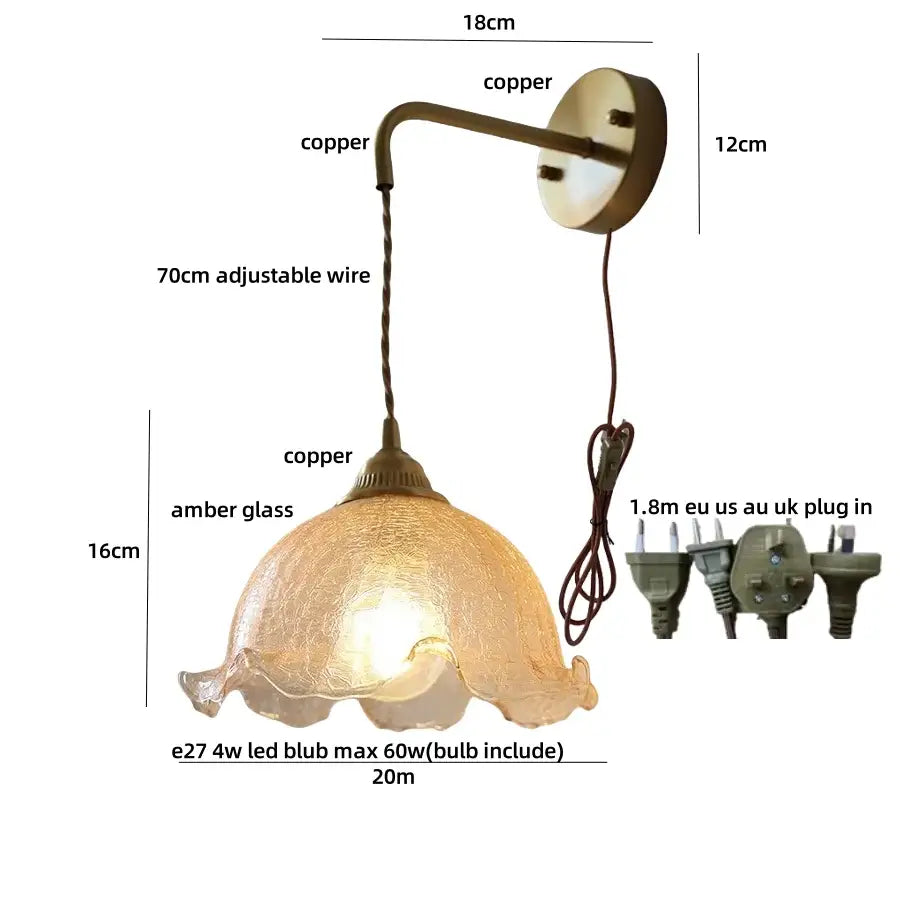 DecorBites™ Amber Glass LED Wall Sconce with Pull Chain Switch for Bedroom and Bathroom
